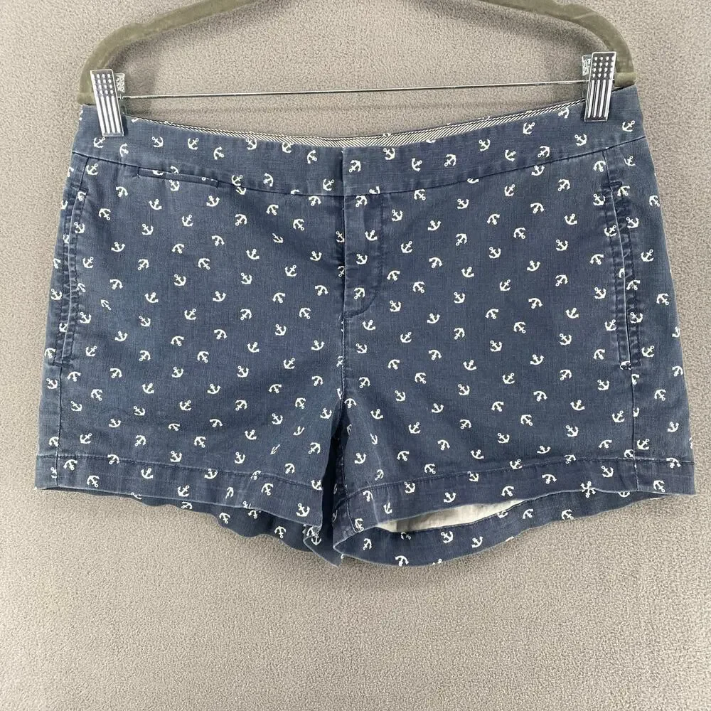 Hinge Chino Shorts All Over Anchor Novelty Print‎ Womens 8 Preppy Blue White